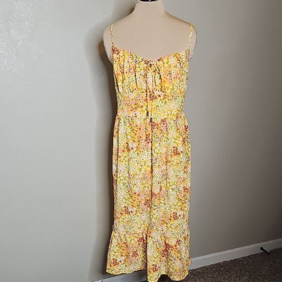 BCBG Yellow Orange Floral Milkmaid Ruched Midi Sundress Large - Picture 2 of 9